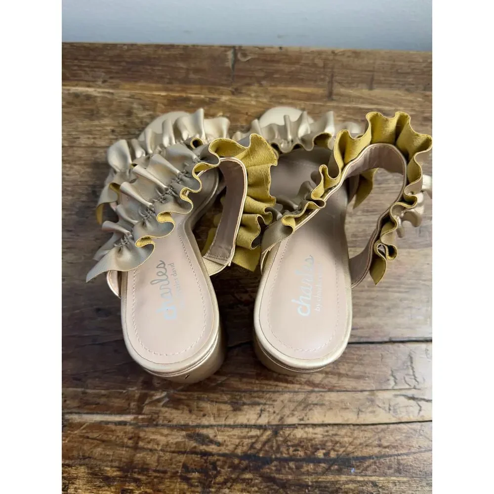 Charles‎ by Charles David Royals gold ruffle block heel slide sandals 7